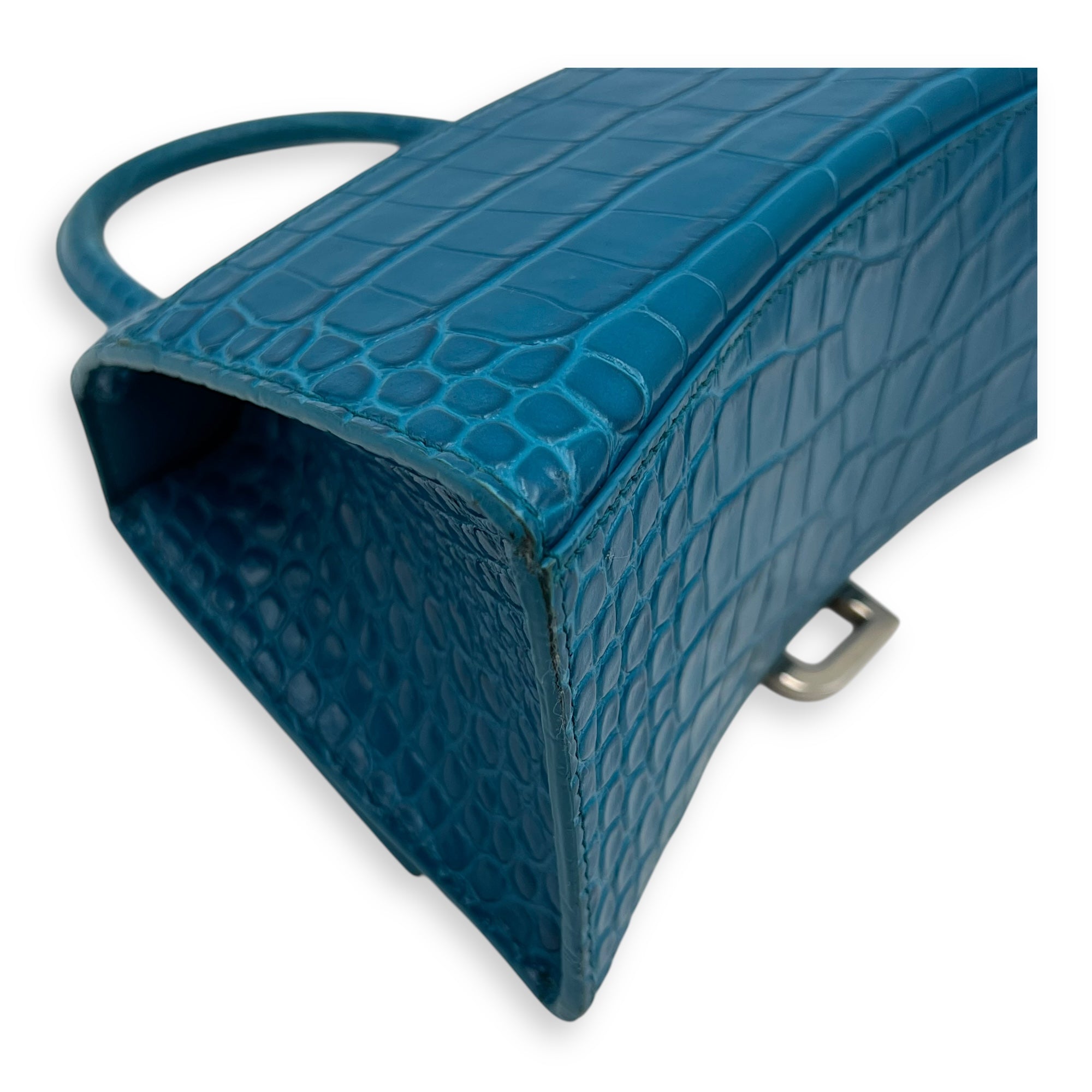 Hourglass Top Handle Bag Blue in Crocodile Embossed Calfskin, Silver hardware - Image 10