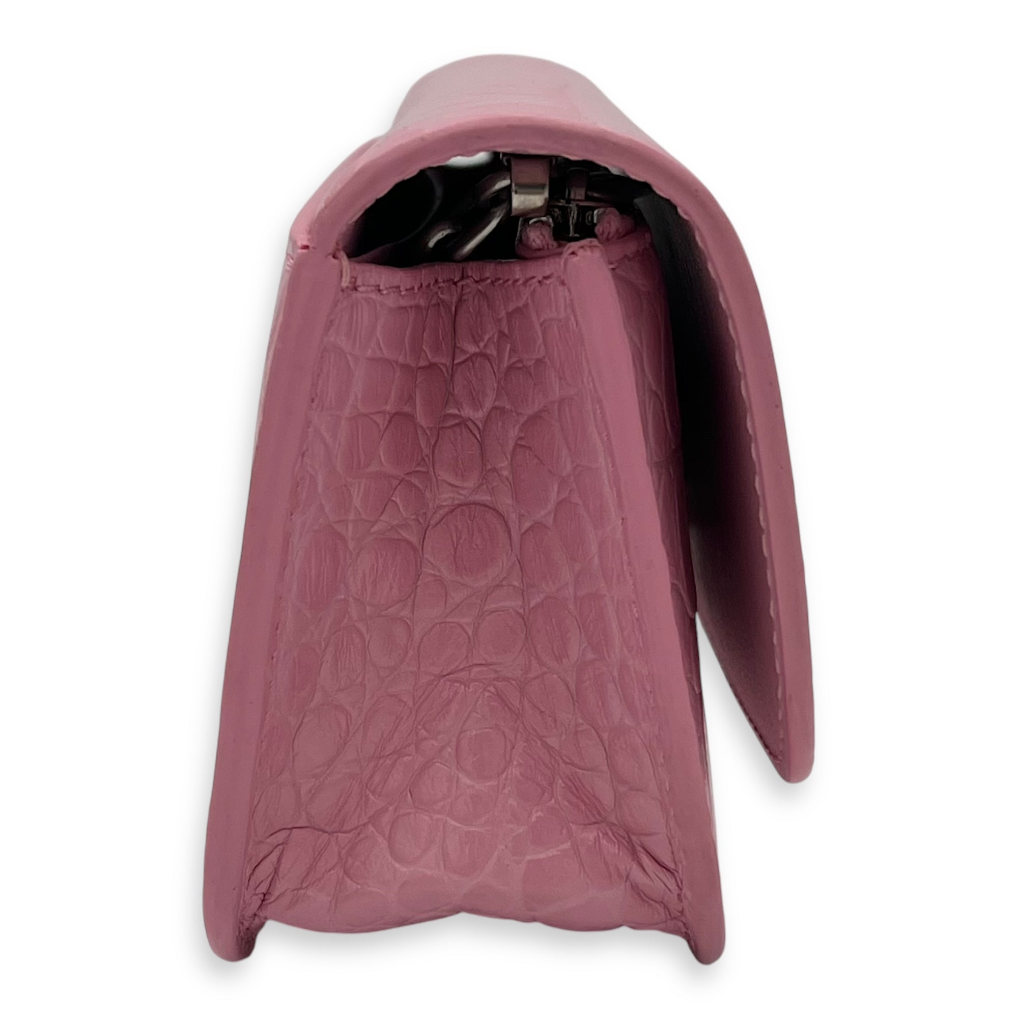 Gossip Wallet On Chain Pink in Crocodile Embossed Calfskin, Silver hardware - Image 5